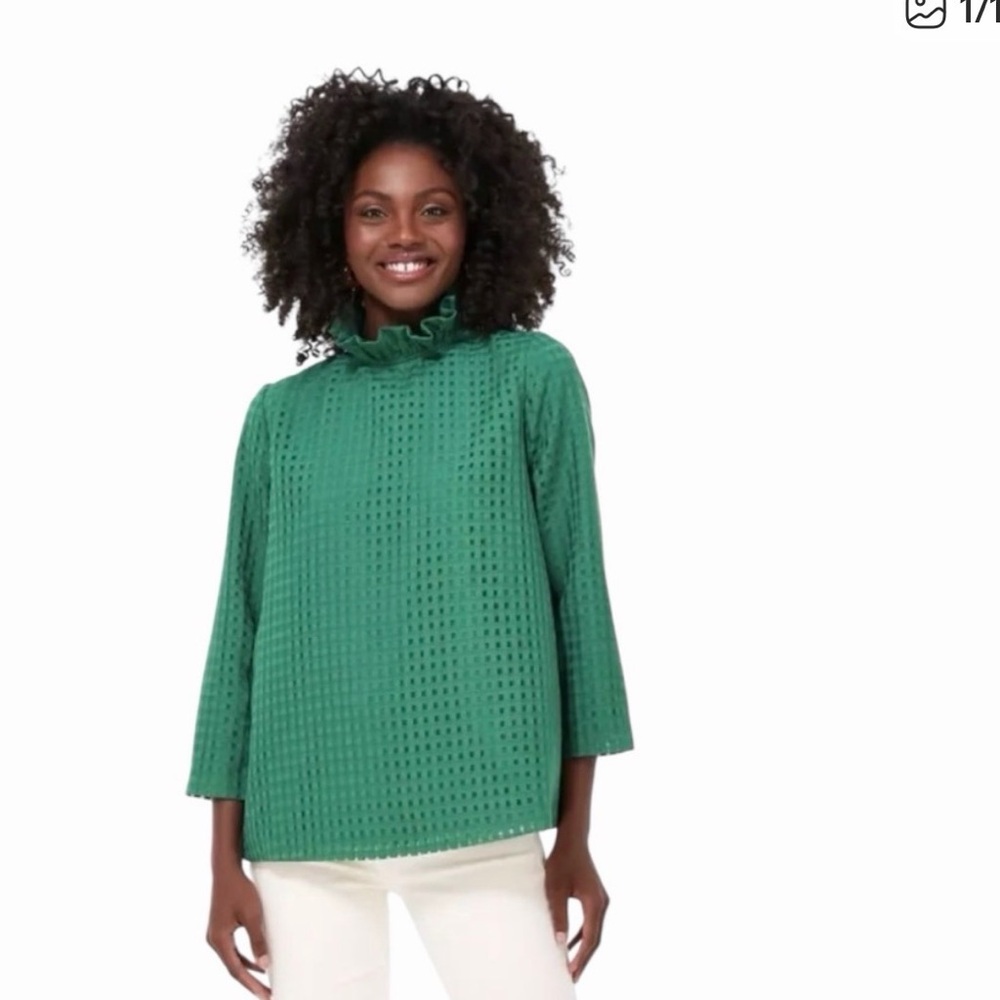 Tuckernuck Green Windowpane Blouse with Ruffle Neck and Bow Tie Back Neck Sz XS
